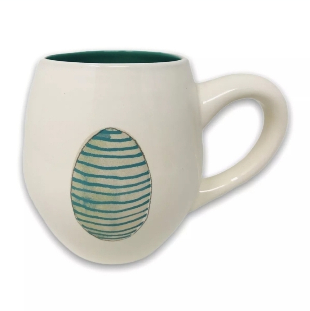 Rae Dunn Happy Easter Egg 2 Sided Ceramic Teal Ivory Stripes Coffee/Tea Mug